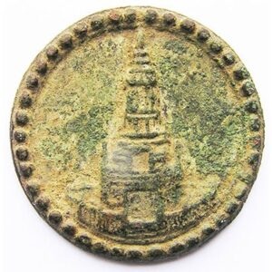 CAM068. CAMBODIA BRONZE MEDAL WITH TEMPLE AT CENTRE, ground dug