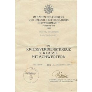 FM0624. AWARD DOCUMENT FOR THE WAR MERIT CROSS 2nd CLASS 1939